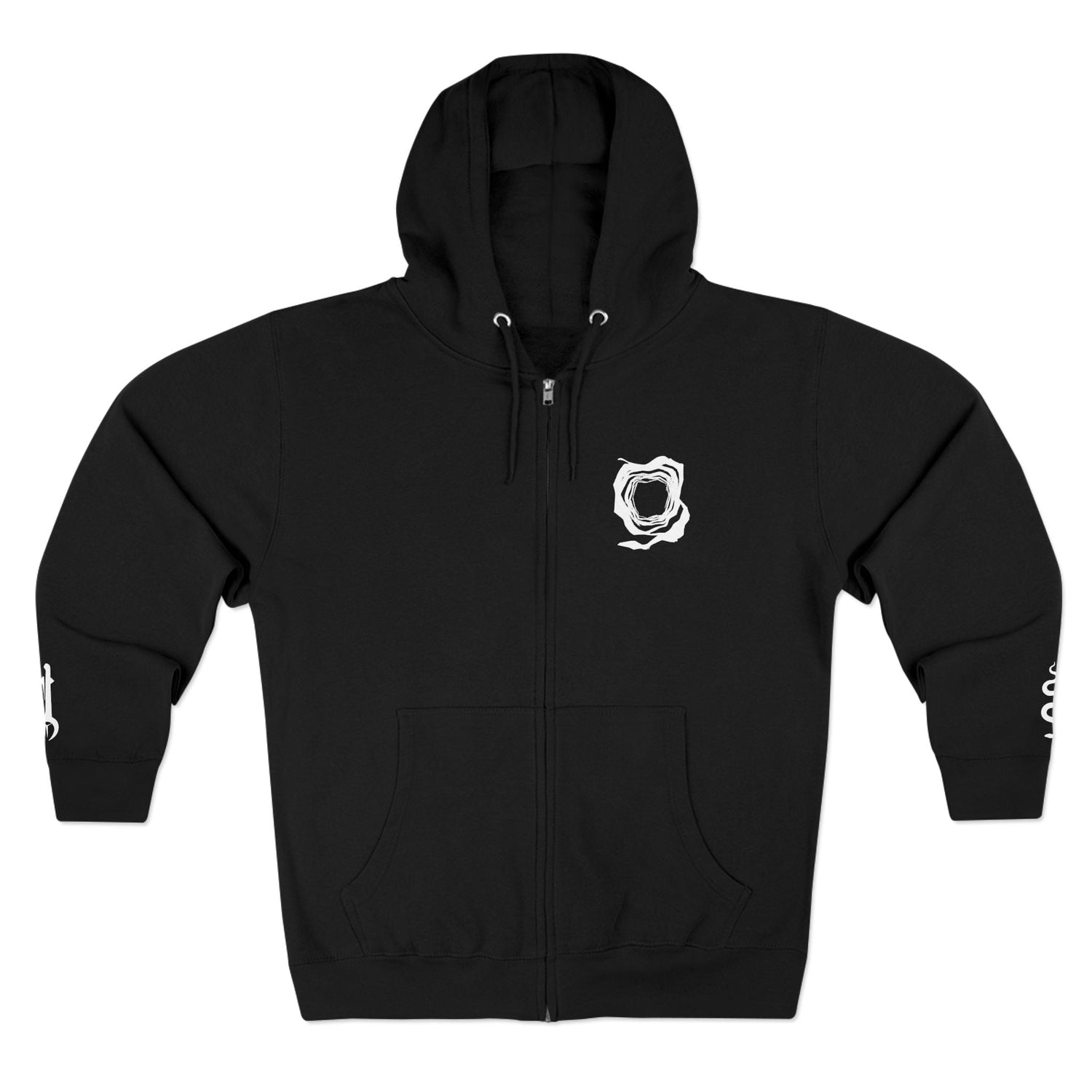 Black full-zip hoodie with white symbolic chest graphic from Pentacle Apparel