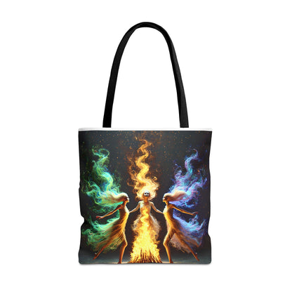 Product photo of a tote bag featuring elemental witch symbols in a symmetrical folk-style design