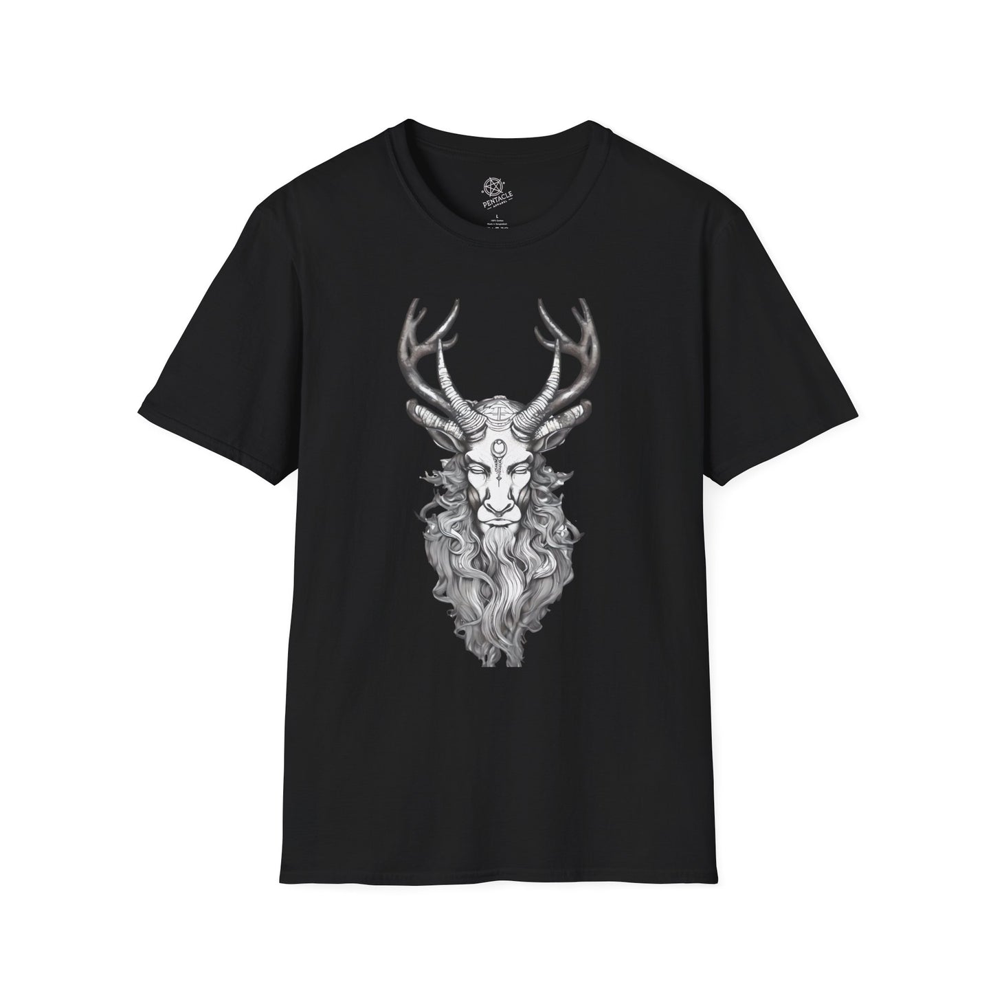 Black t-shirt featuring an illustrated horned stag with a long beard on a white background.