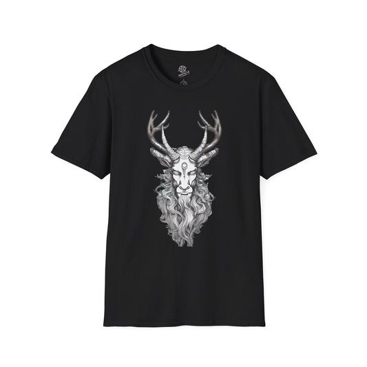 Black t-shirt featuring an illustrated horned stag with a long beard on a white background.